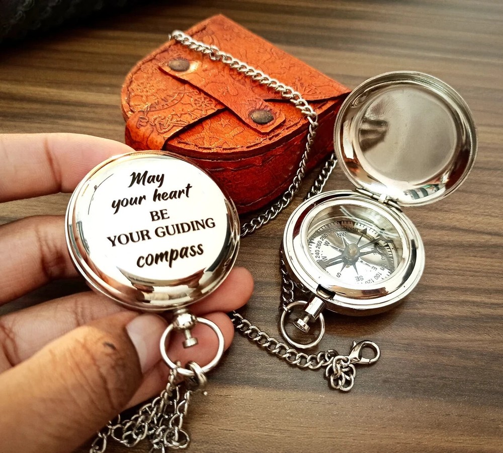 Personalized Working Compass, Custom Engraved Silver Handmade Anniversary Gift