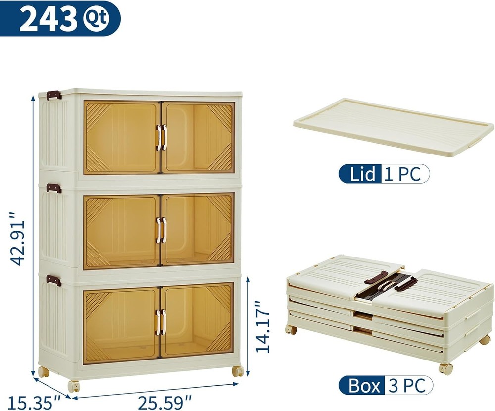 Stackable Storage Bin W/ Collapsible Drawer, Magnetic Doors & Wheels for Office