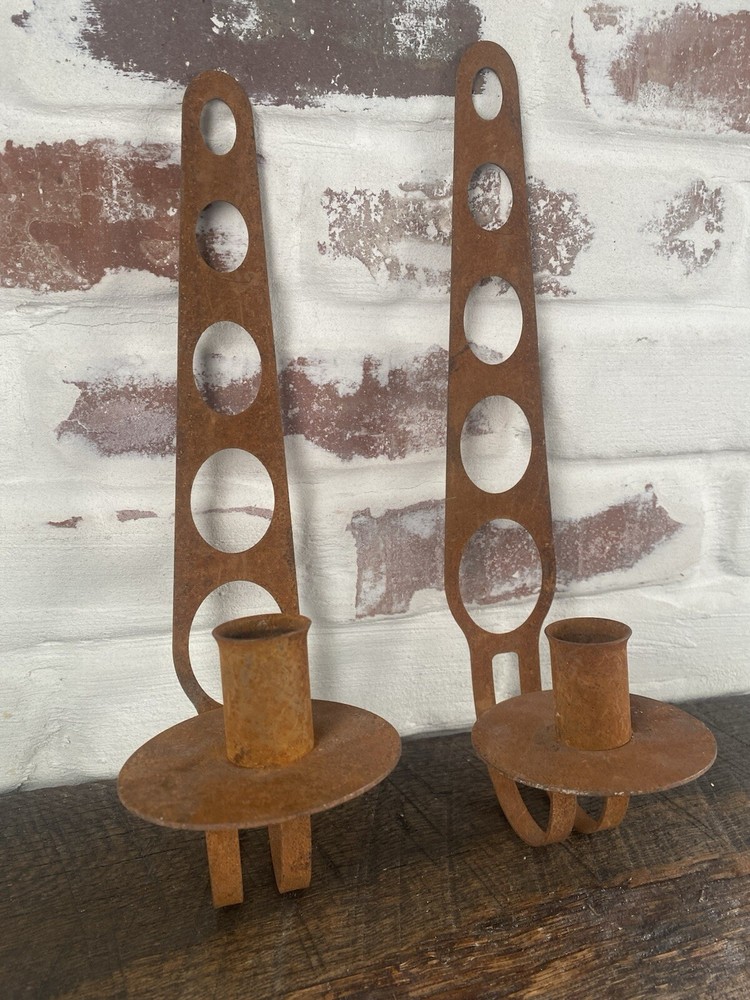 2 Rustic Candle Sconces Primitive Industrial Rough Texture Steampunk 11in. Rare