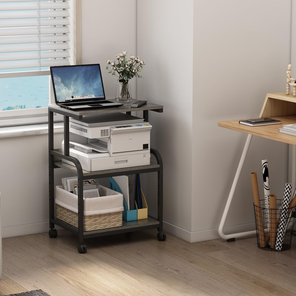 Printer Stand with Height Adjustable Storage Shelf, 3 Tier Mobile Printer Tab...
