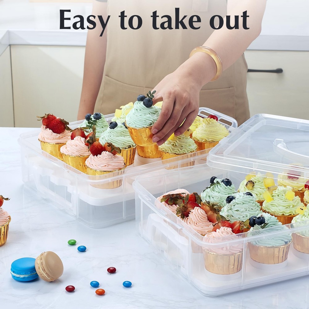 Plastic Cupcake Carrier 24 Count, 2-Layer Cupcake Holder Carries with Lid & Hand