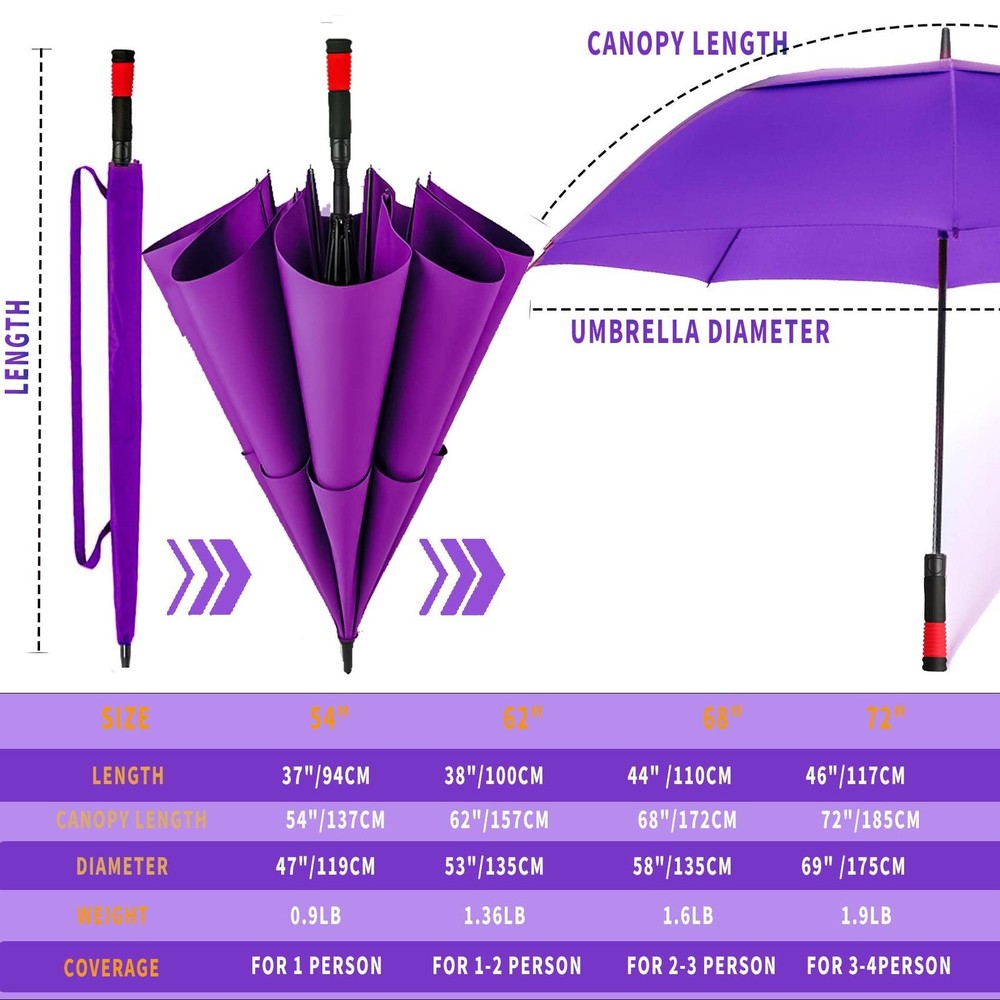 /62/68/72 Inch Automatic Open Golf Umbrella Oversize Extra Large Double Canop...