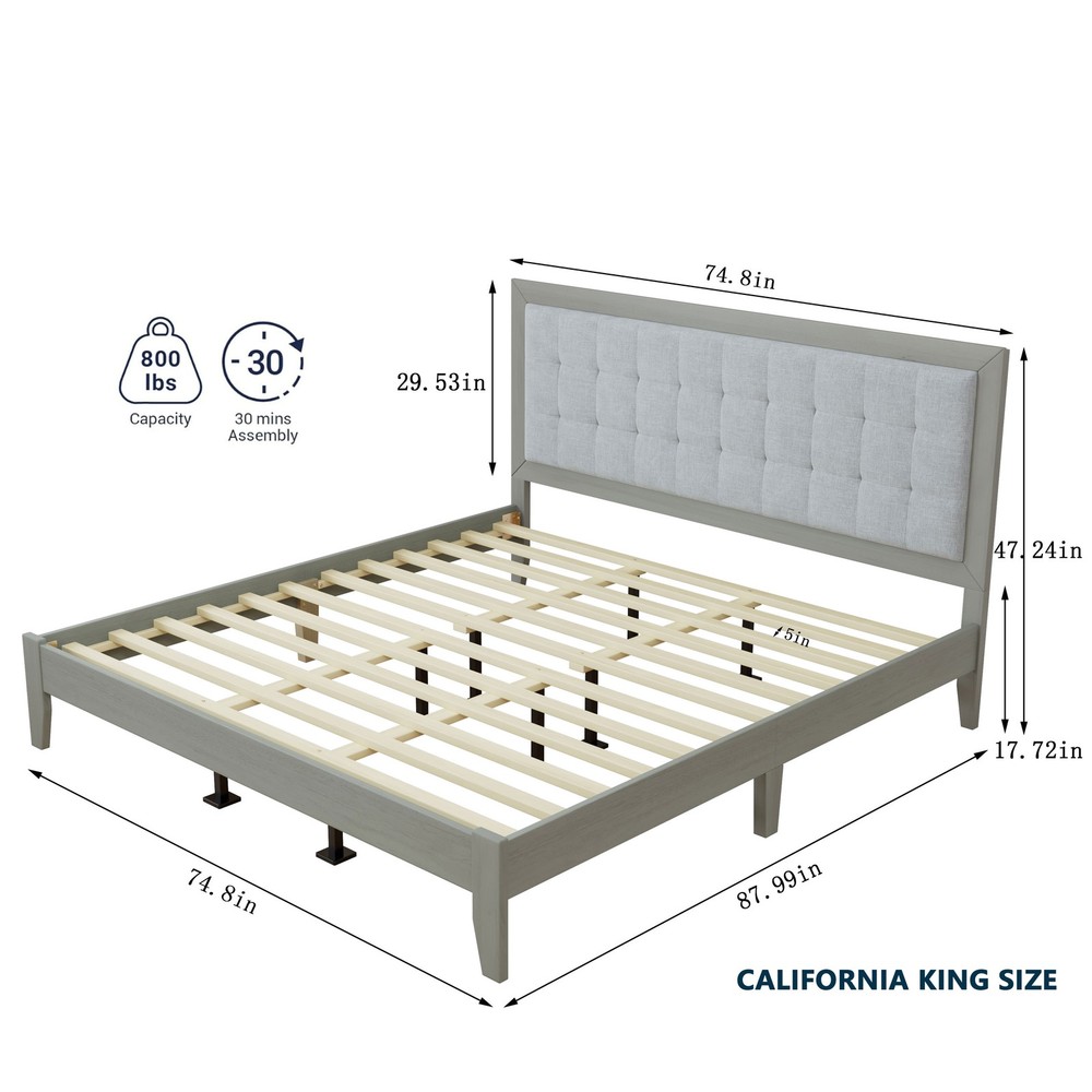 California King Bed Frame Solid Wood Upholstered Panel Headboard Gray