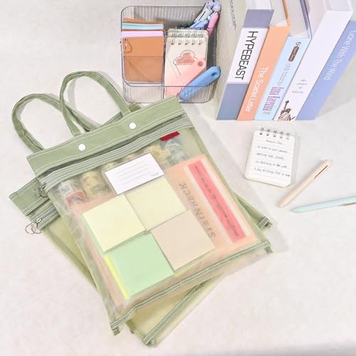 2-Pack Mesh Zipper Pouch Bags with Handles, Double-Layer Nylon Document Green