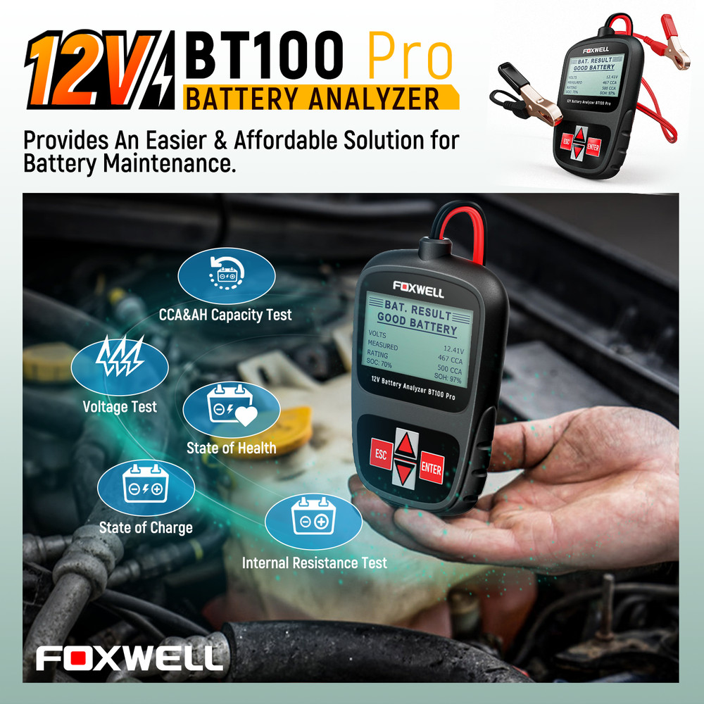Foxwell BT100 Pro 12V Car Battery Analyzer - Accurate CCA 100-1100 Testing Tool
