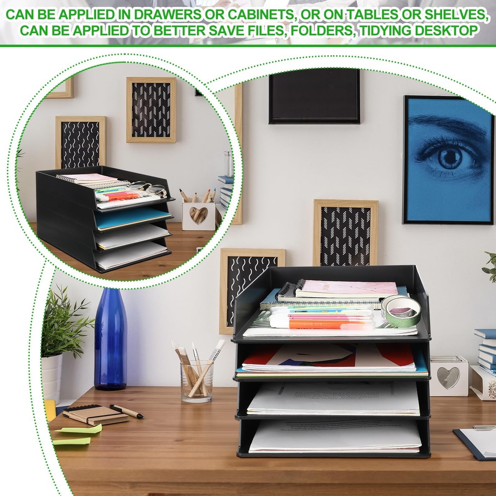 6 PCS Stackable Paper Trays Rectangular Plastic Desk Holder File Storage Black