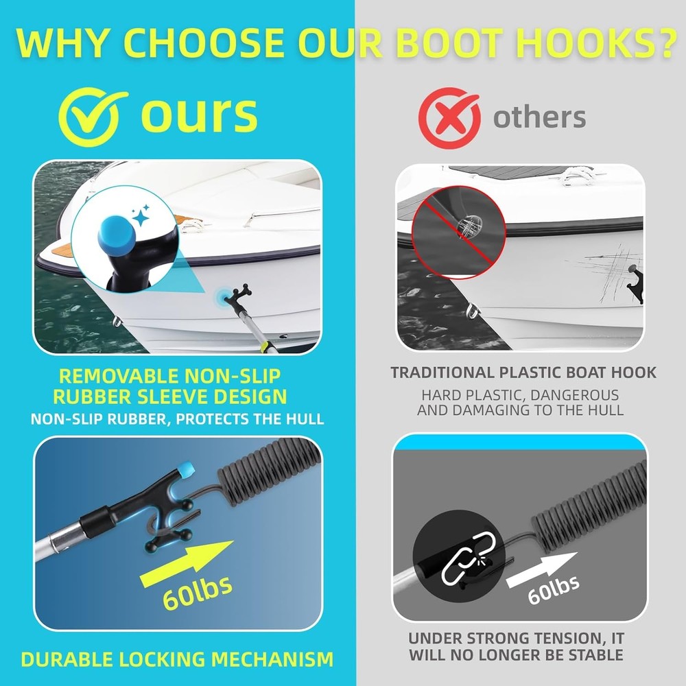 3.1-8FT Telescoping Extension Pole Boat Hook with Rubber silver