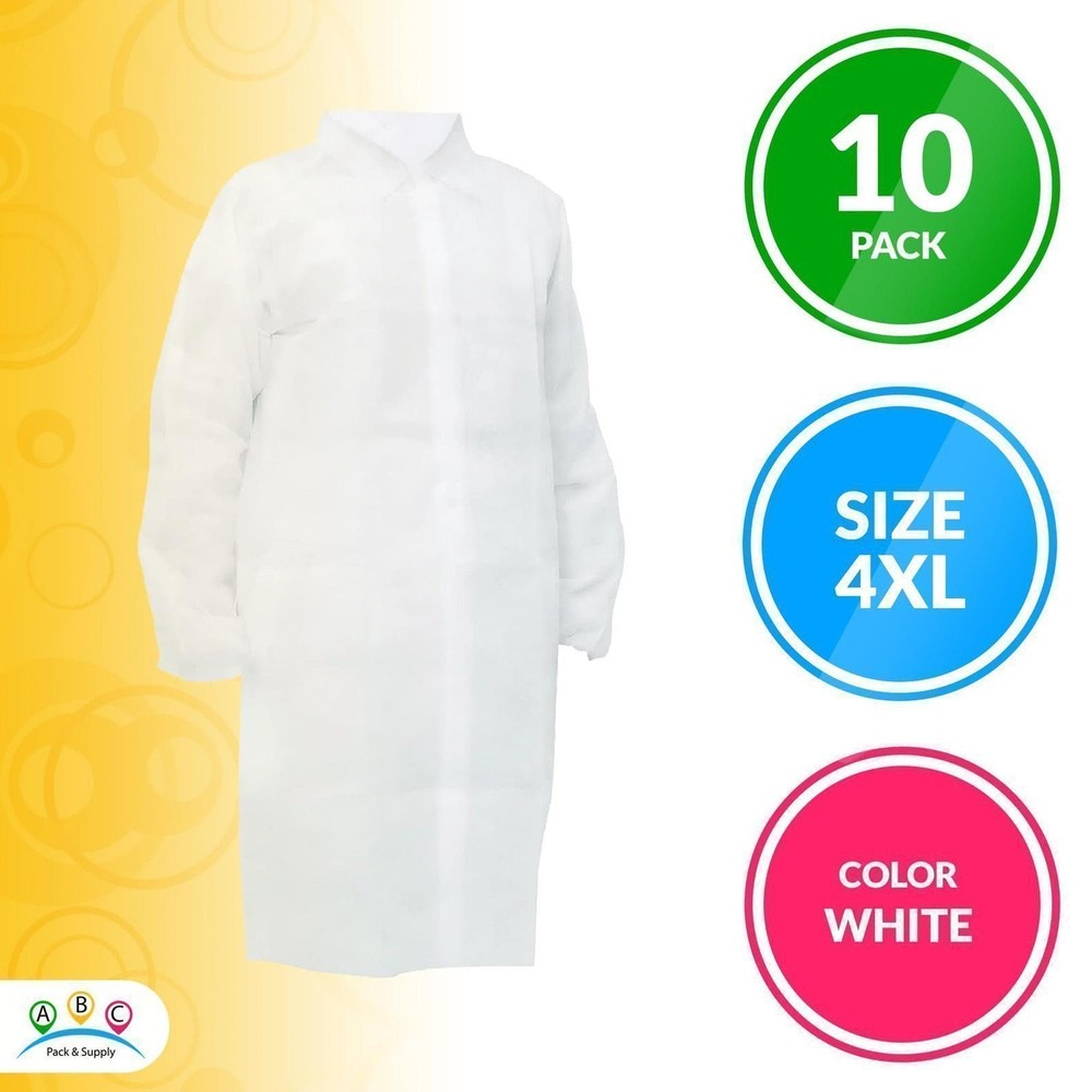 White Disposable Polypropylene Lab Coats Elastic Wrists 10 Count 4X-Large