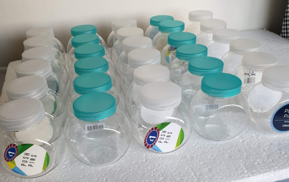 50 Small Clear Round EMPTY Plastic Bottles with lids Props Display ReUse