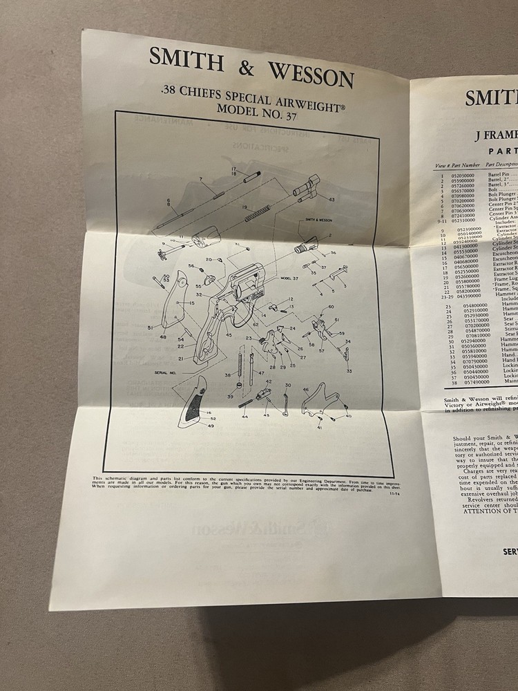 Factory Original Smith & Wesson Model 37 Manual S&W
