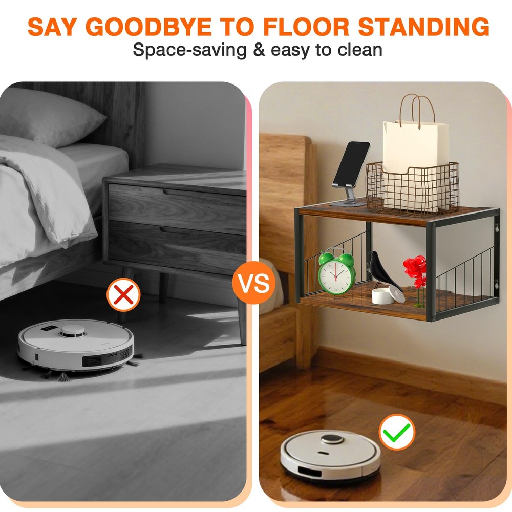 Floating Nightstand, Wood Floating Bedside Table with Cable Hole, Wall Mounte...