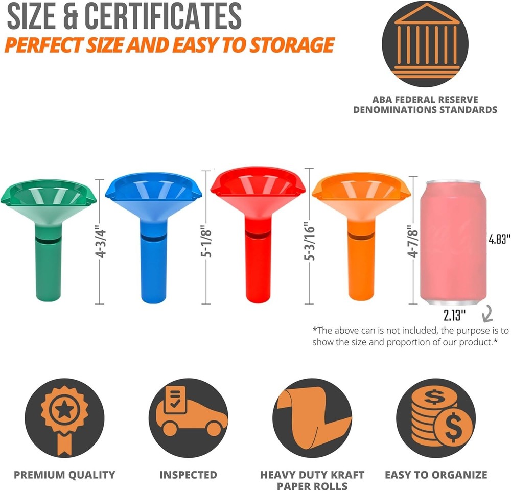 Effortless Coin Sorting – 4 Color Coded Tubes & 28 Preformed Wrappers Set