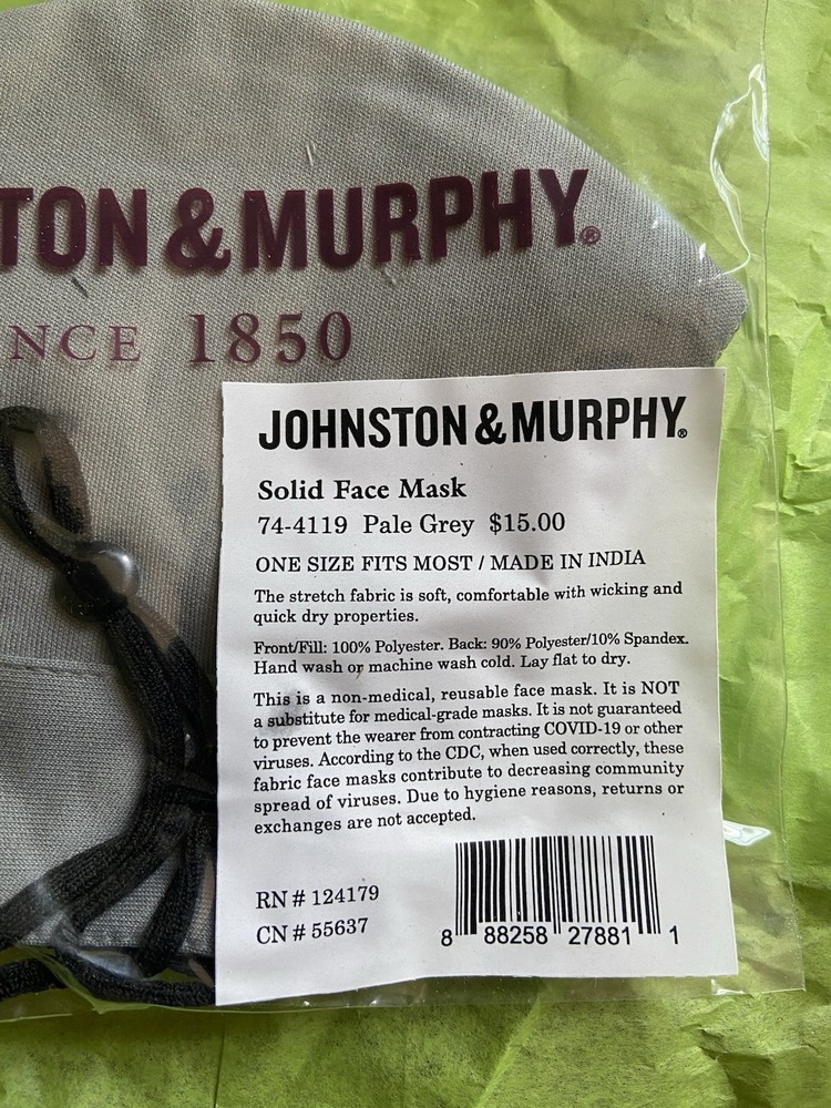 Johnston & Murphy Solid Face Mask (Pale Gray) 4pk