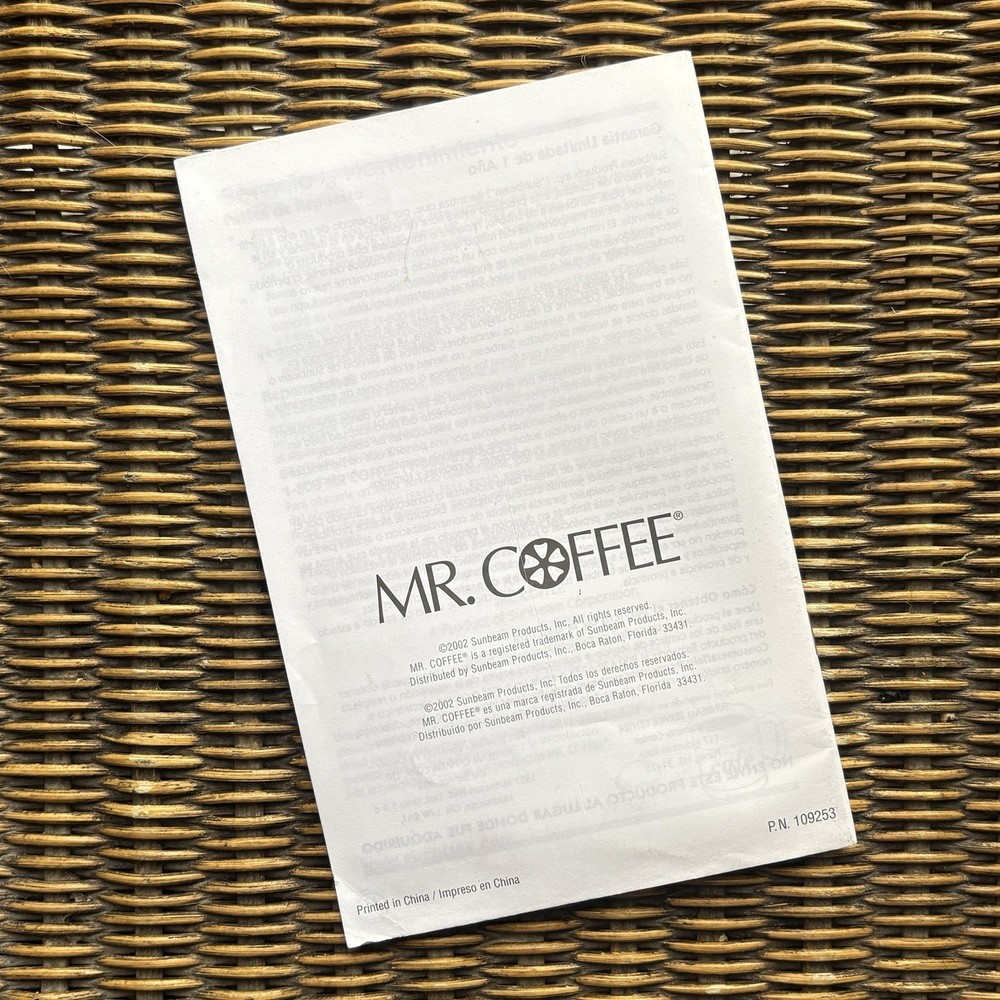 Mr. Coffee 10 Cup User Manual, Coffeemaker PN 109253