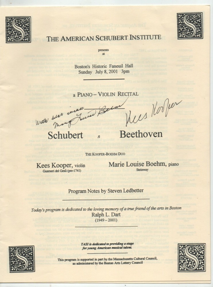 classical program SIGNED by violinist Kees Kooper AND pianist Mary Louise Boehm
