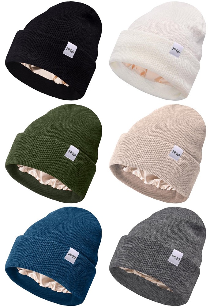 FEQO 6 Pack Satin Lined Winter Beanie Soft Silk One Size, Solid Colors