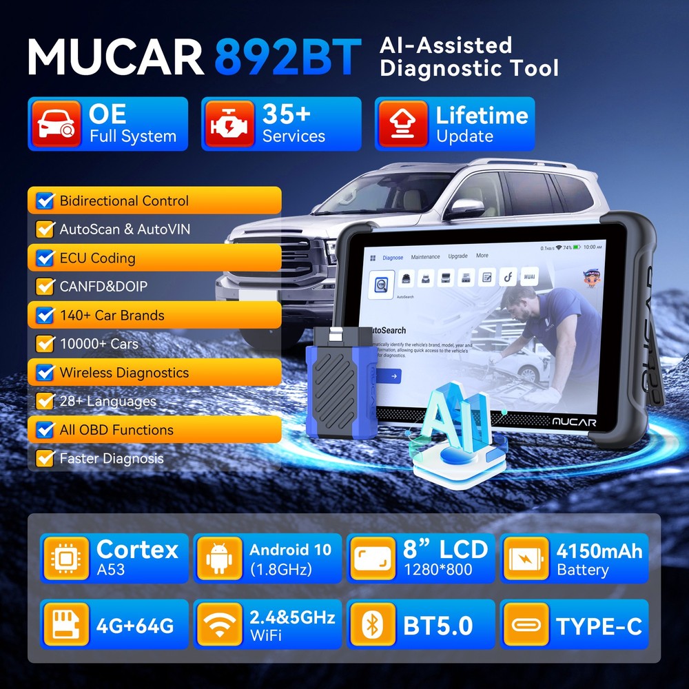 2026 MUCAR 892BT Full System Car Diagnostic OBD2 Scanner ECU Coding 35 Resets