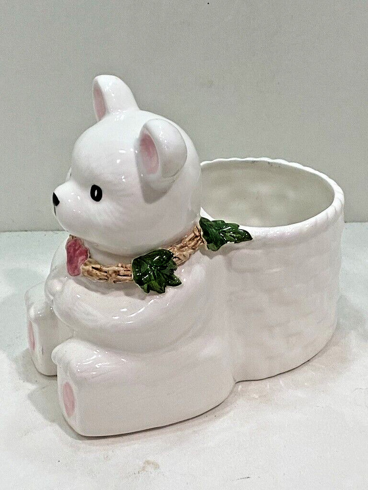 White Ceramic Teddy Bear Woven Basket Planter