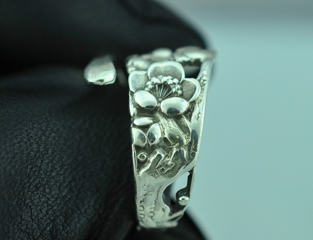 Dainty Solid 950 Sterling Silver Plum Flower Floral Adjustable Spoon Ring