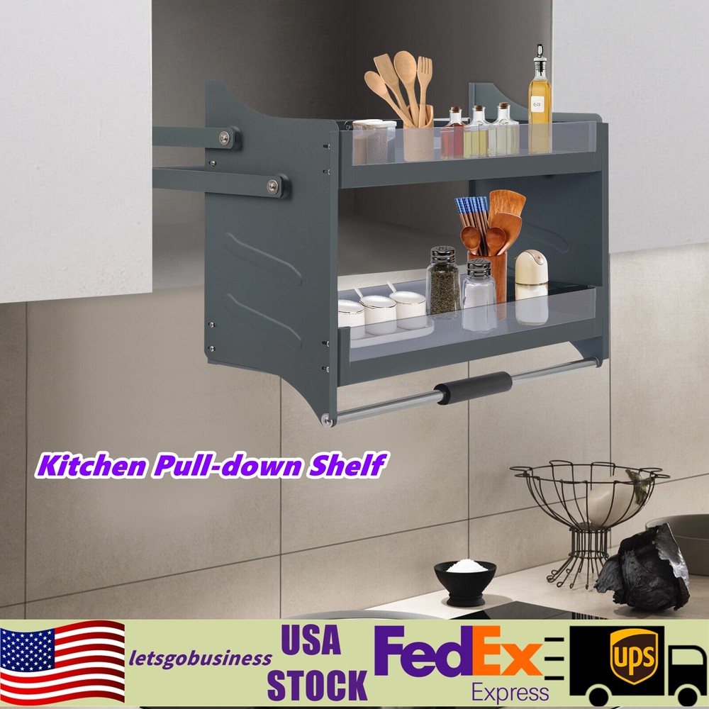 Pull Down Shelf Upper Kitchen Wall Cabinet Storage Organizer Dark Grey USA