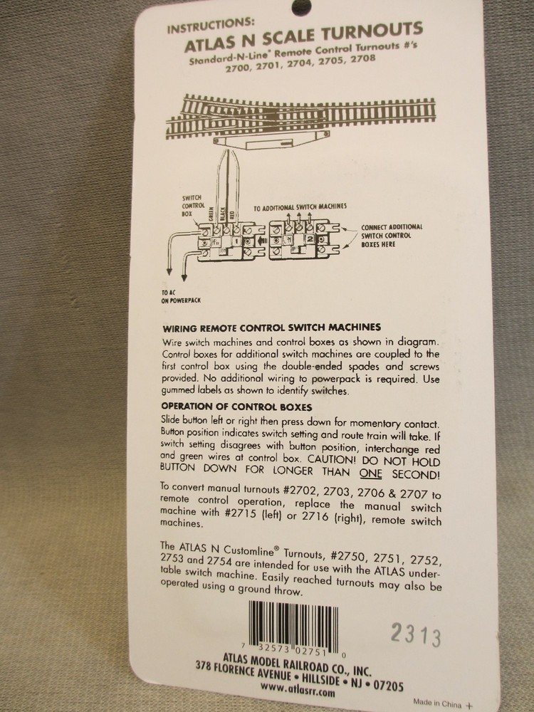 N scale Atlas Code 80 turnout 2751 Switch R Mint