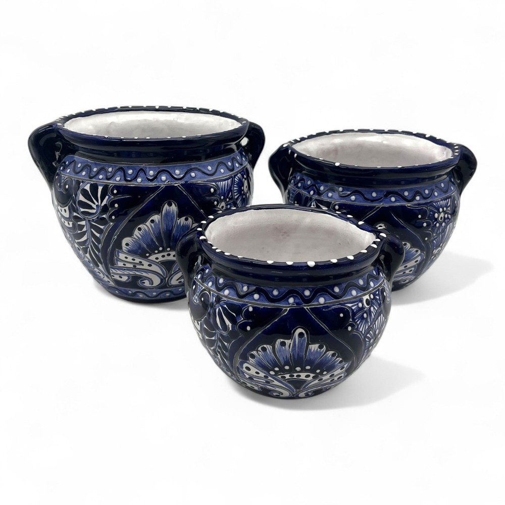 Blue & White Talavera Pot Set | Artisan Ceramic Trio