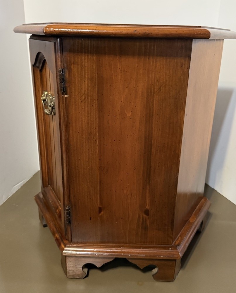 Vintage Solid Wood Hexagon End Table / Side Table With Storage And Brass Handles