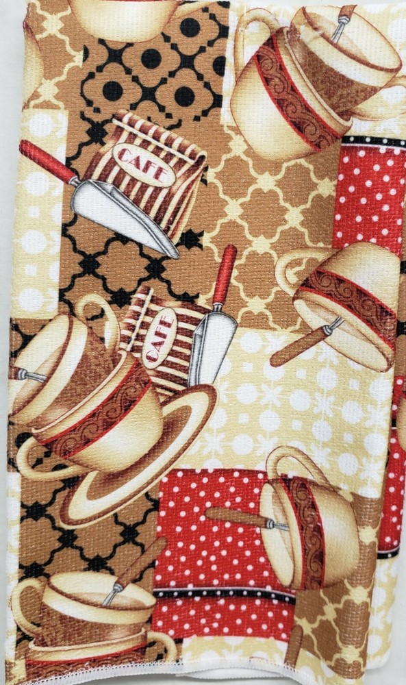 SET OF 2 SAME PRINTED MICROFIBER TOWELS (15 x 25") COFFEE CUPS STACK & SPOONS,SH