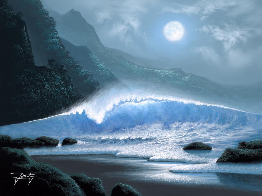 Ceramic Backsplash Tile Mural Beach Scene Seaside Ocean - Moonlight Blue