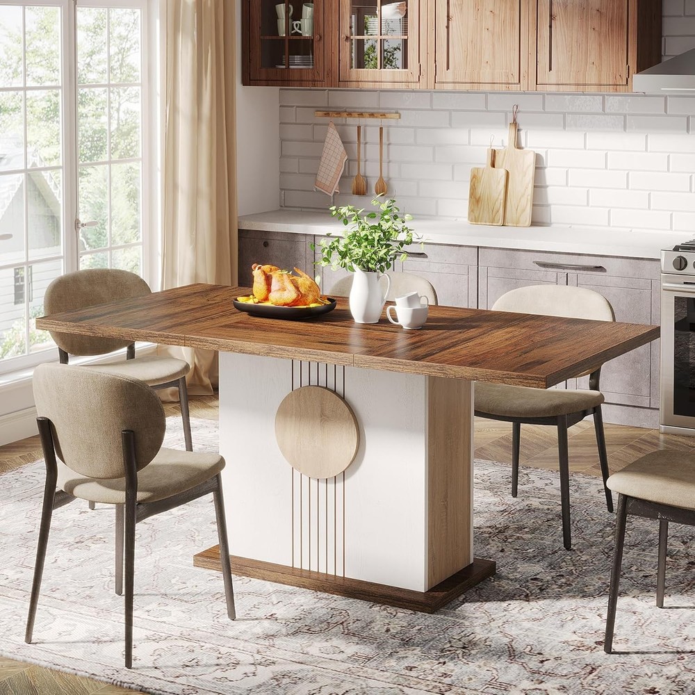 55" Rectangular Dining Table 4 to 6 People Farmhouse Wood Dinner Table Kitchen