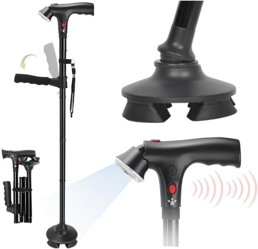 Adjustable 3-in-1 Folding Walking Cane with Alarm, Light & Second Handle