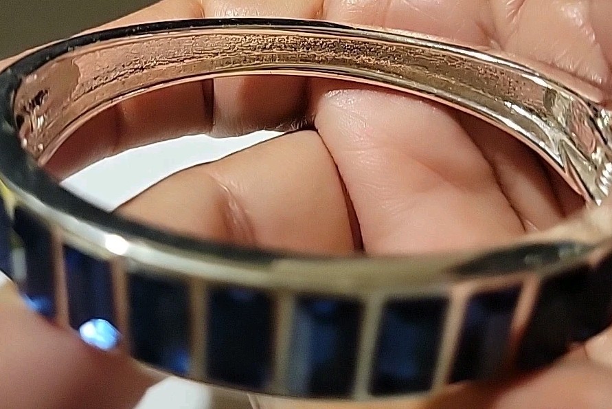 Signed Silvertone Blue Rhinestones Bangle Bracelet 6.5