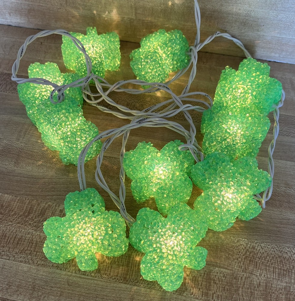 Vtg St Patrick's Day Green Jelly Shamrock String Lights