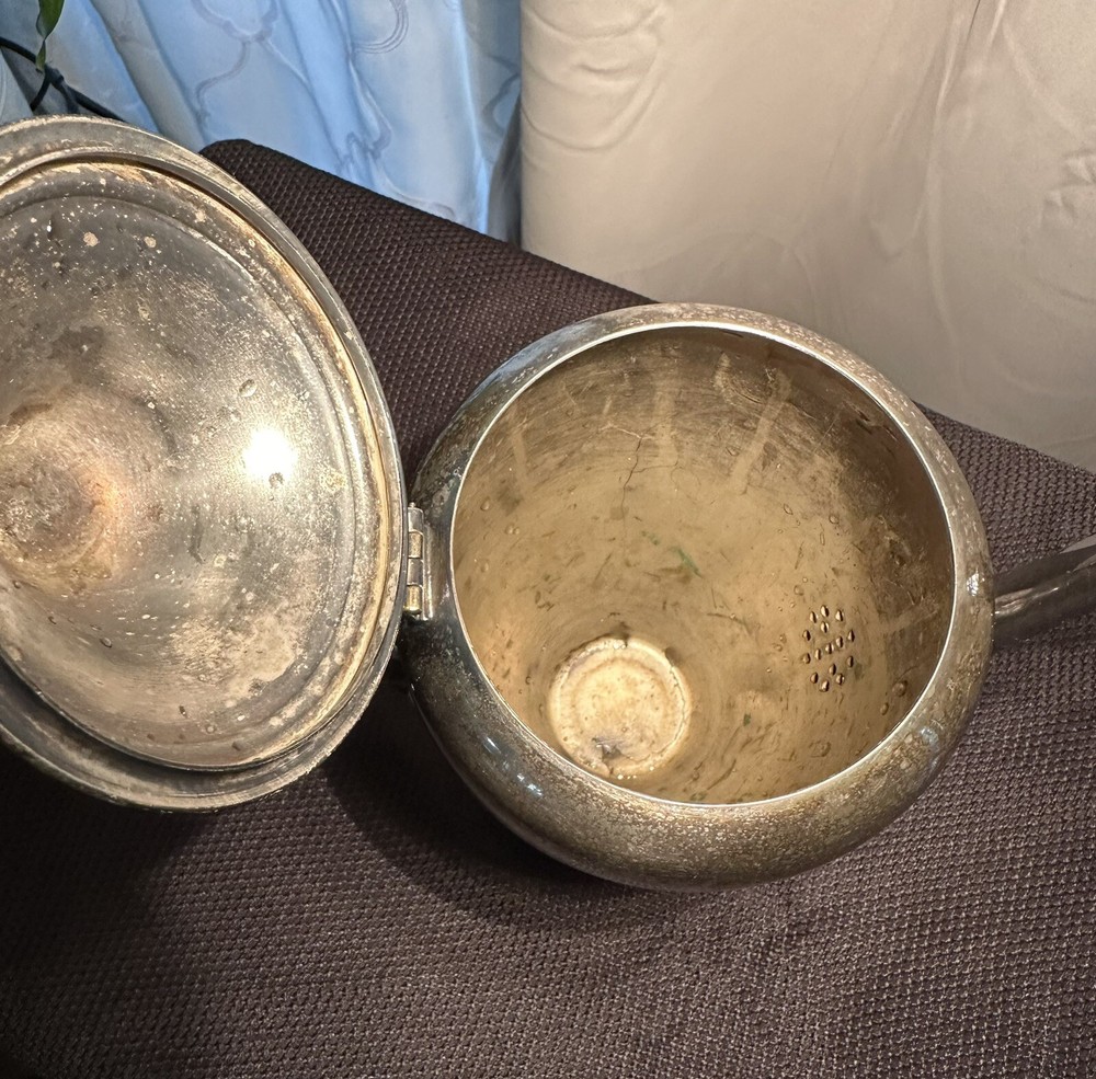 Vtg. Tea Pitcher, Silver on Copper 10” tall with Lid - marked Hartford Silver HS