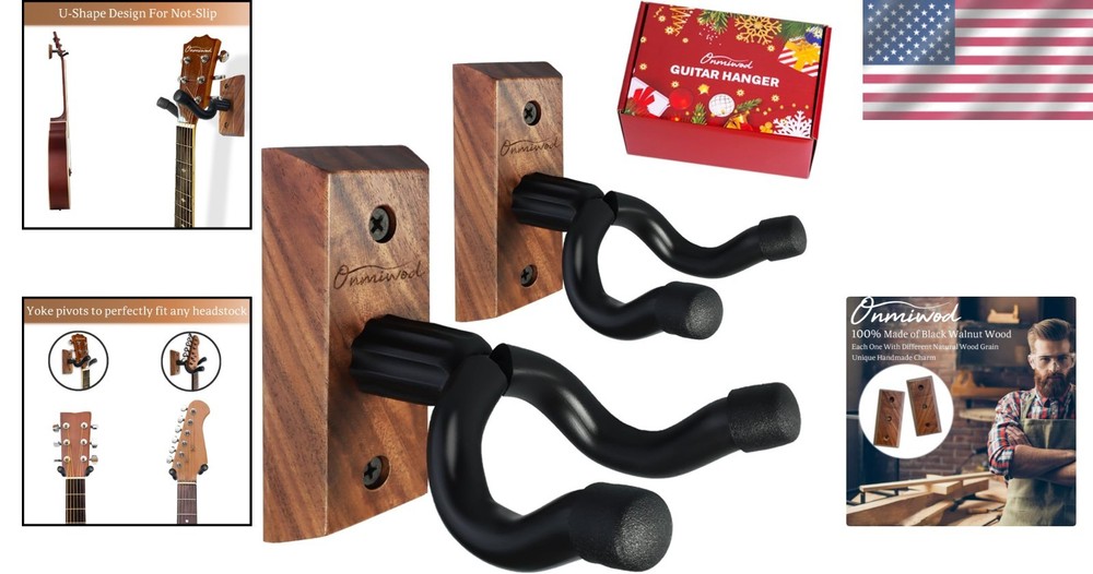Unique Rustic Guitar Wall Hanger - Adjustable Black Walnut Design for Musicians