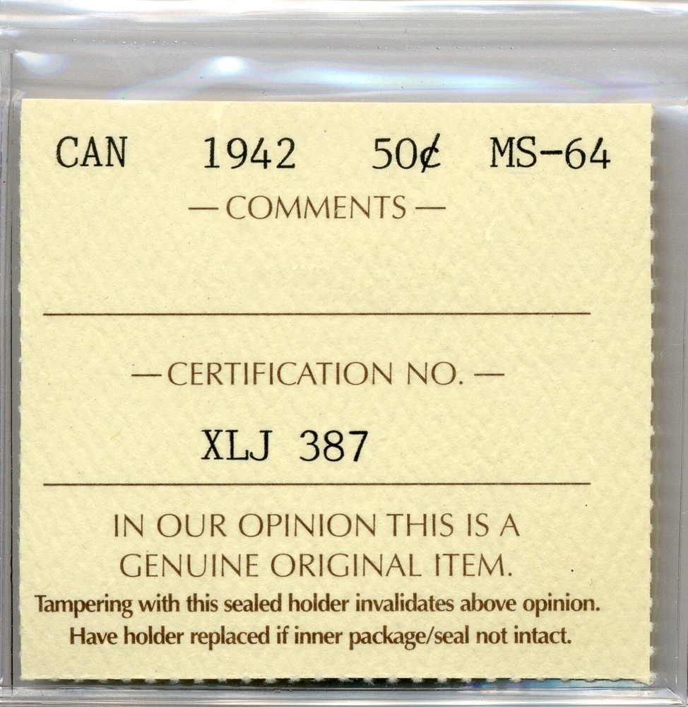 1942 Canada 50 Cents - Choice Uncirculated, ICCS MS64