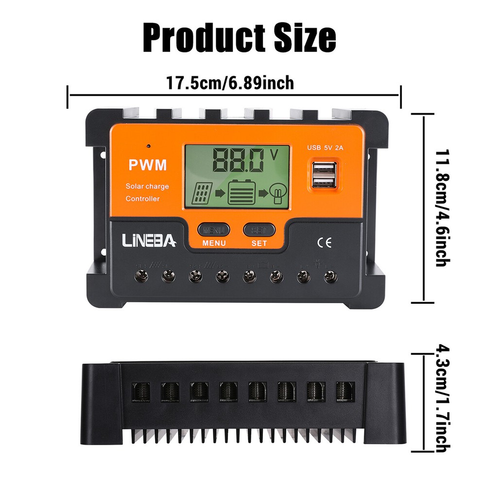 30/60/100A PWM Solar Battery Charge Panel Controller 12V/24V/48V Regulator 2 USB