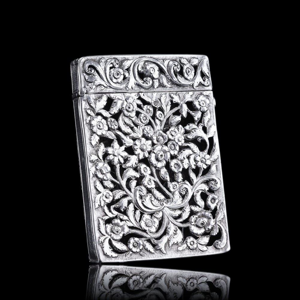Antique Victorian Solid Silver Card Case Pierced Flowers - Francis Clark 1839