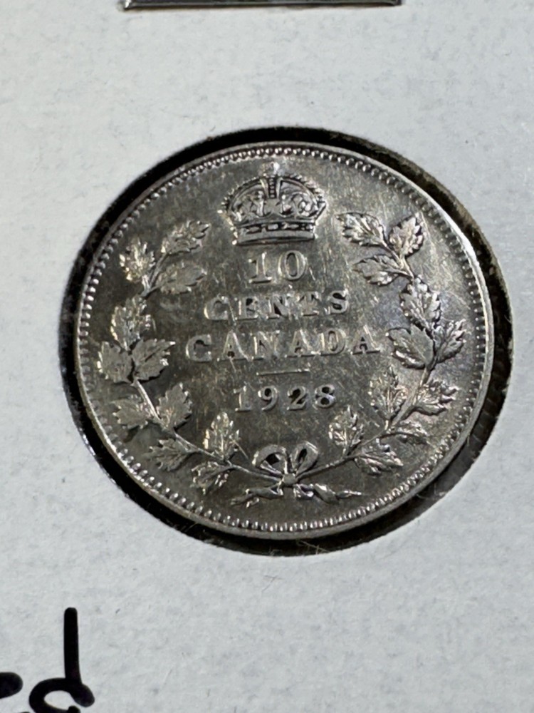 1928 Canada 10 Cents Silver Coin Cleaned