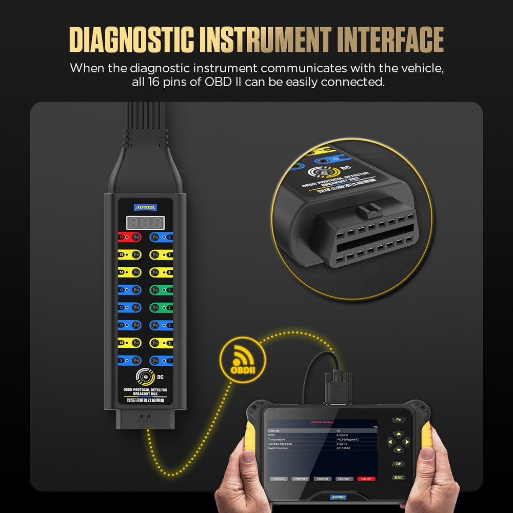 AUTOOL OBDII CAN Breakout Box Voltage Display OBDII Protocol Detector Diagnostic