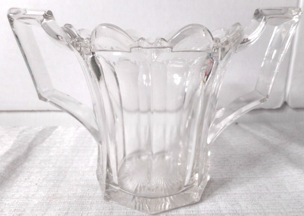 Victorian Clear Thick Glass Double Handle Spooner Scalloped Top Sunburst Bottom