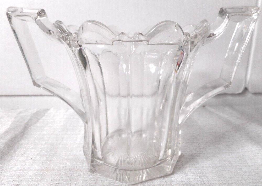 Victorian Clear Thick Glass Double Handle Spooner Scalloped Top Sunburst Bottom