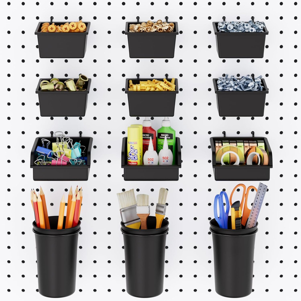 12 Pack Pegboard Bins & Cups with Hooks, Peg Board Organizer Accessories Assortm