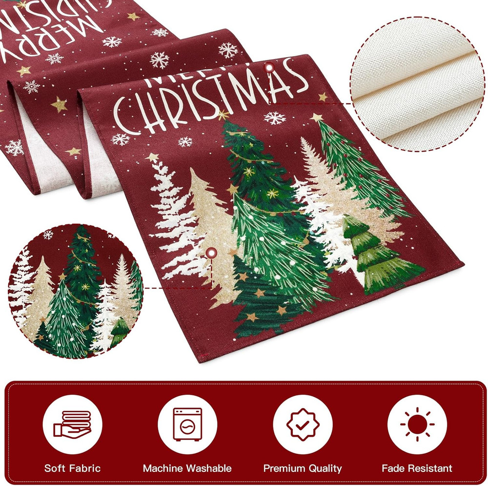 Christmas Tree Table Runner, Xmas Winter Snowflakes Holiday Kitchen Dining Table
