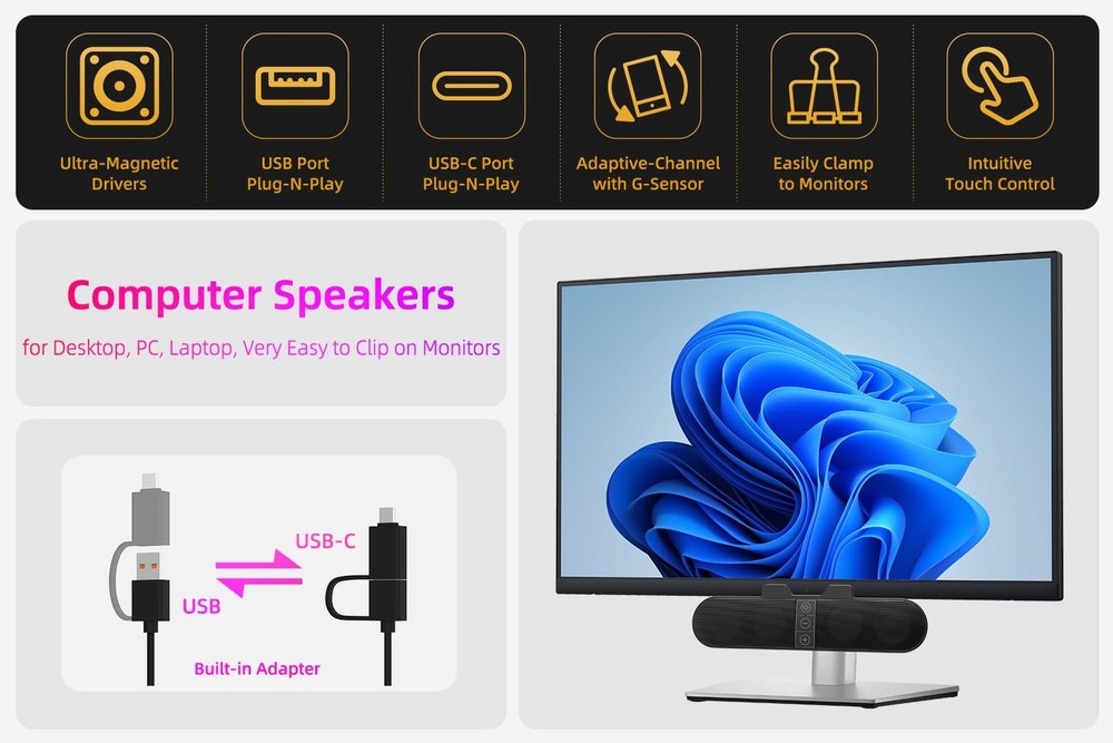 Computer Speakers for Desktop PC Monitor, USB Plug-in, Wired, Computer Soundb...