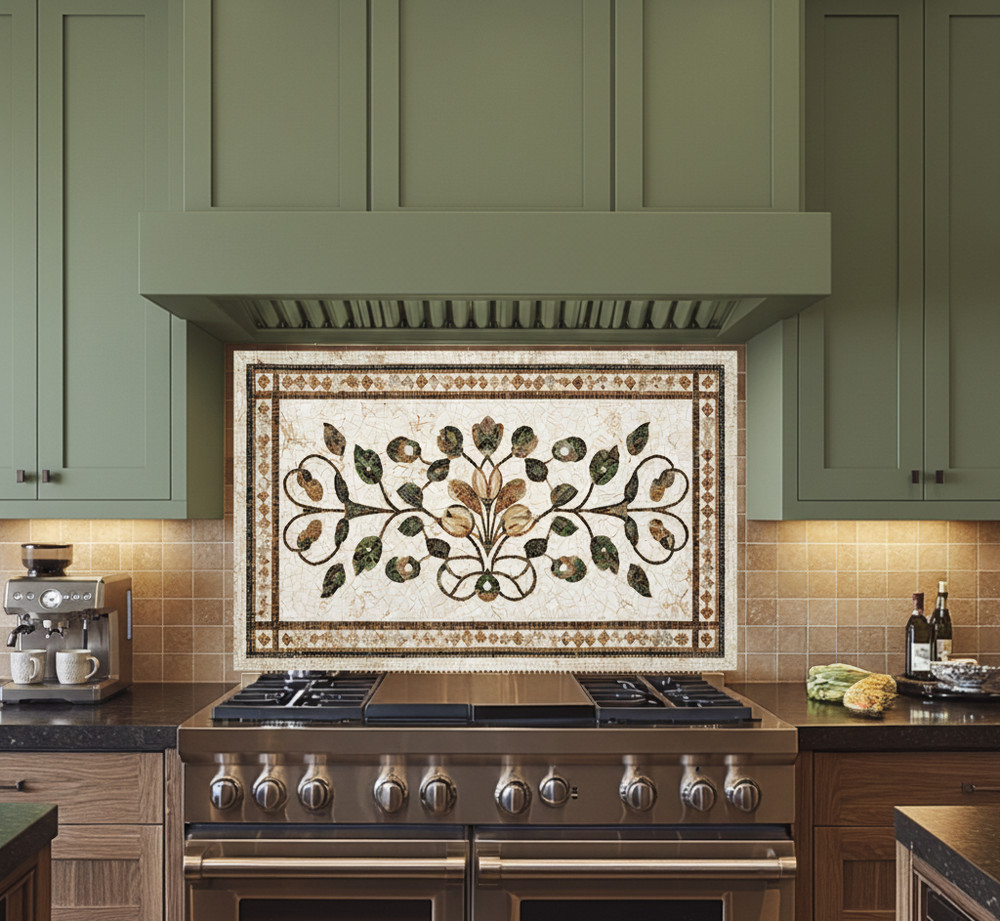 Mediterranean Mosaic Look Glass Backsplash Panel–Olive Branch Kitchen Backspla