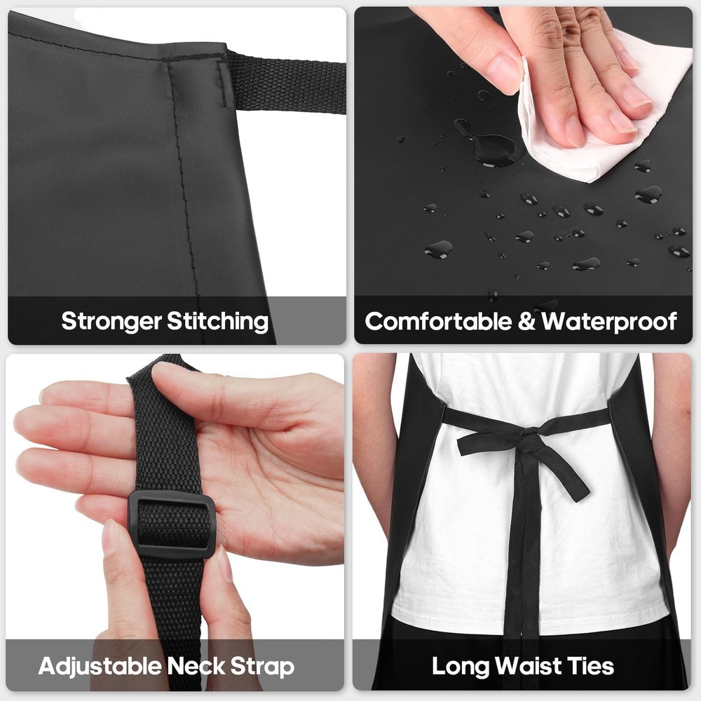 Gotega 3 Pack Waterproof Rubber Vinyl Apron Adjustable Bib 3 Pack, Black