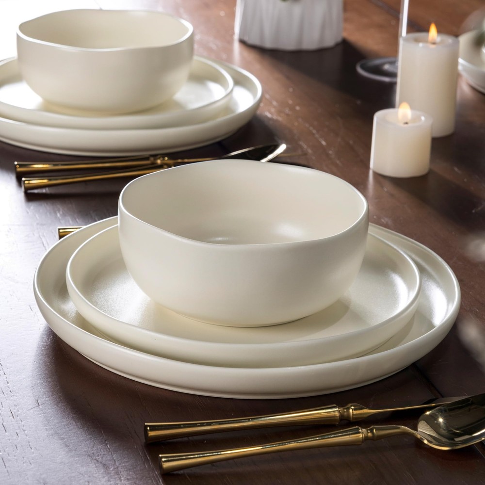 Ceramic Dinnerware Sets, Wavy Rim Stoneware Plates and Bowls Sets,Dishwasher ...
