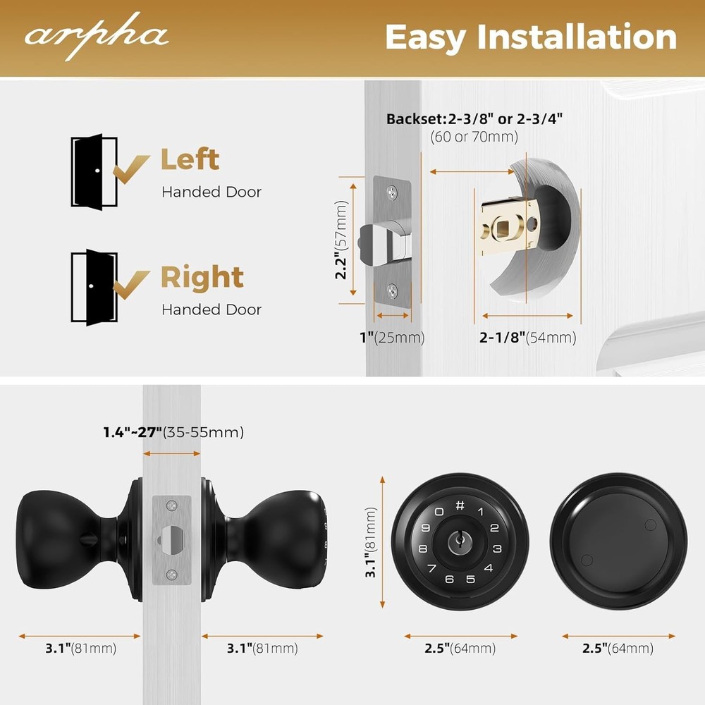 ARPHA Smart Door Lock Knob Auto Keyless Entry AntiPeeping Password Handle