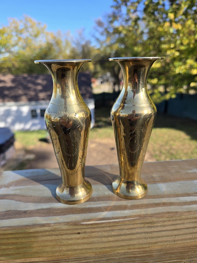 Solid Brass Petite Bud Vases Etched Foliage Pattern Made In India